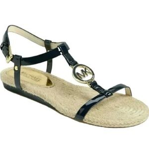 Michael Kors Hope Black Patent Logo T-Strap Espadrille Sandals